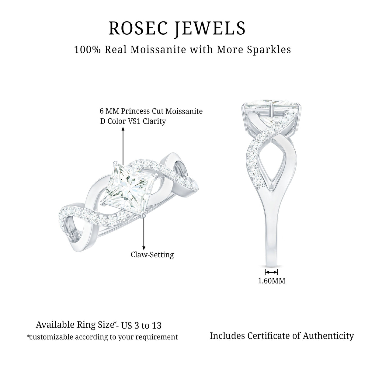 Princess Cut Moissanite Infinity Engagement Ring for Her