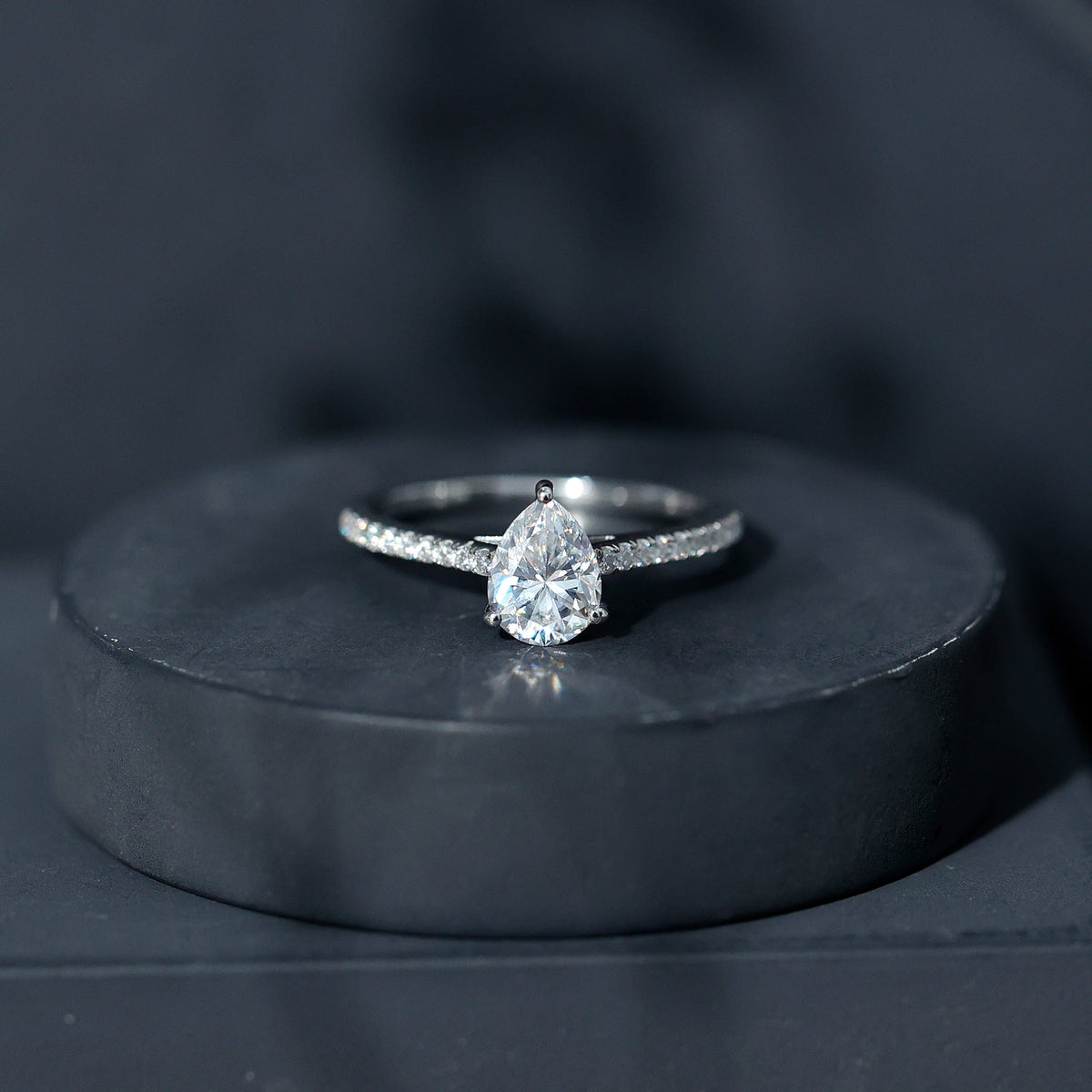 Certified Moissanite Pear Shape Engagement Ring with Side Stones