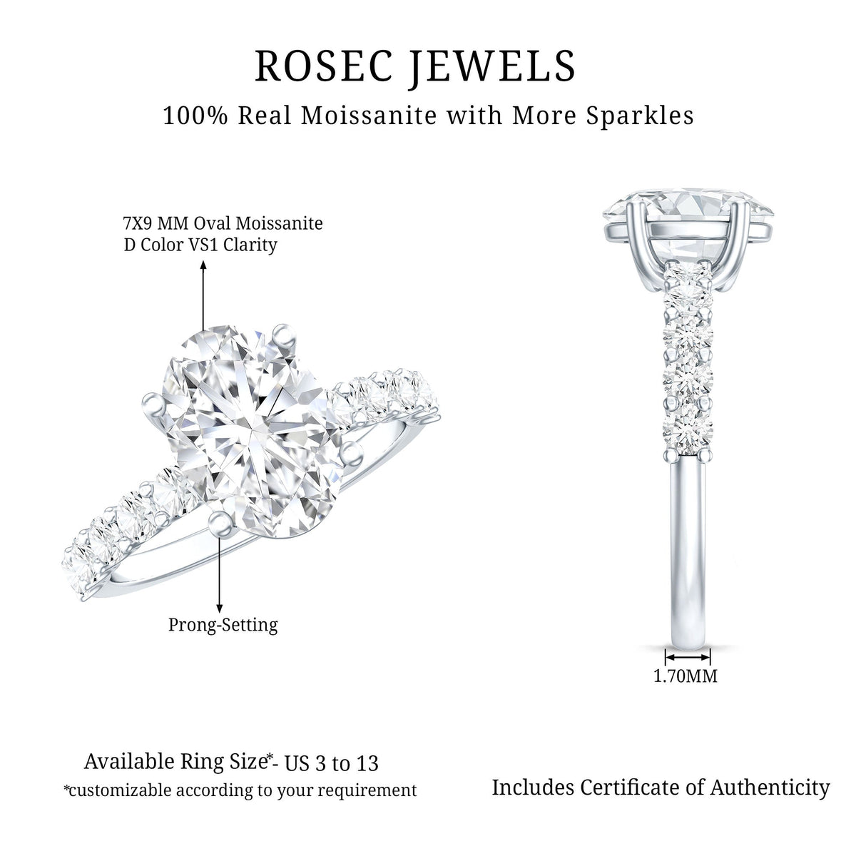 Certified 2 Carat Moissanite Oval Engagement Ring with Side Stones