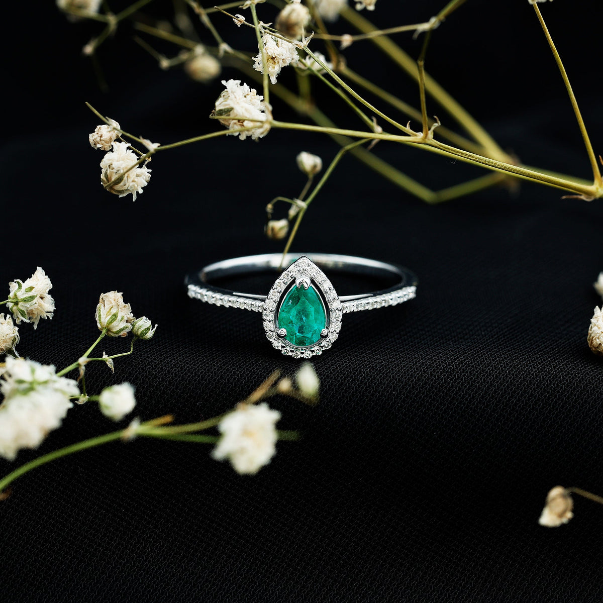 Certified Emerald Teardrop Engagement Ring with Diamond Halo