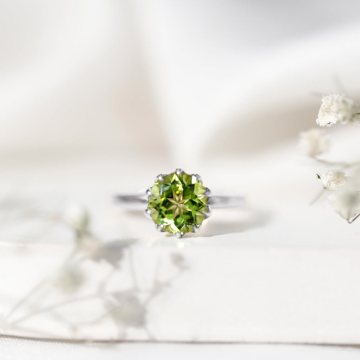 Genuine 2 Carat Peridot Engagement Ring in Lotus Basket Setting