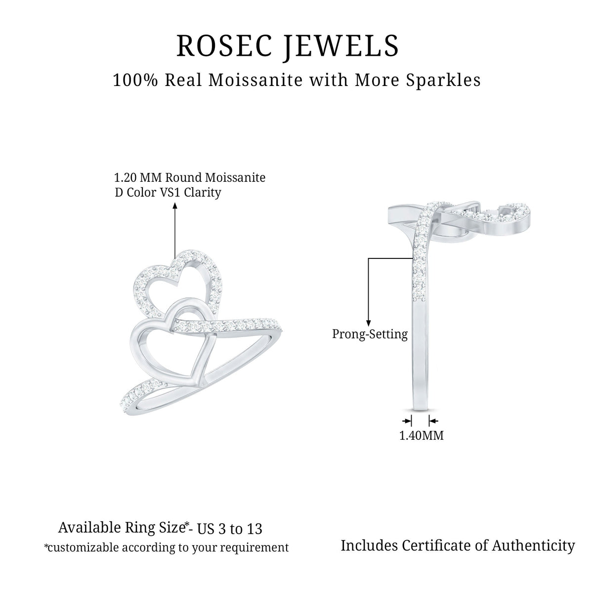 Certified Moissanite 2 Heart Promise Ring