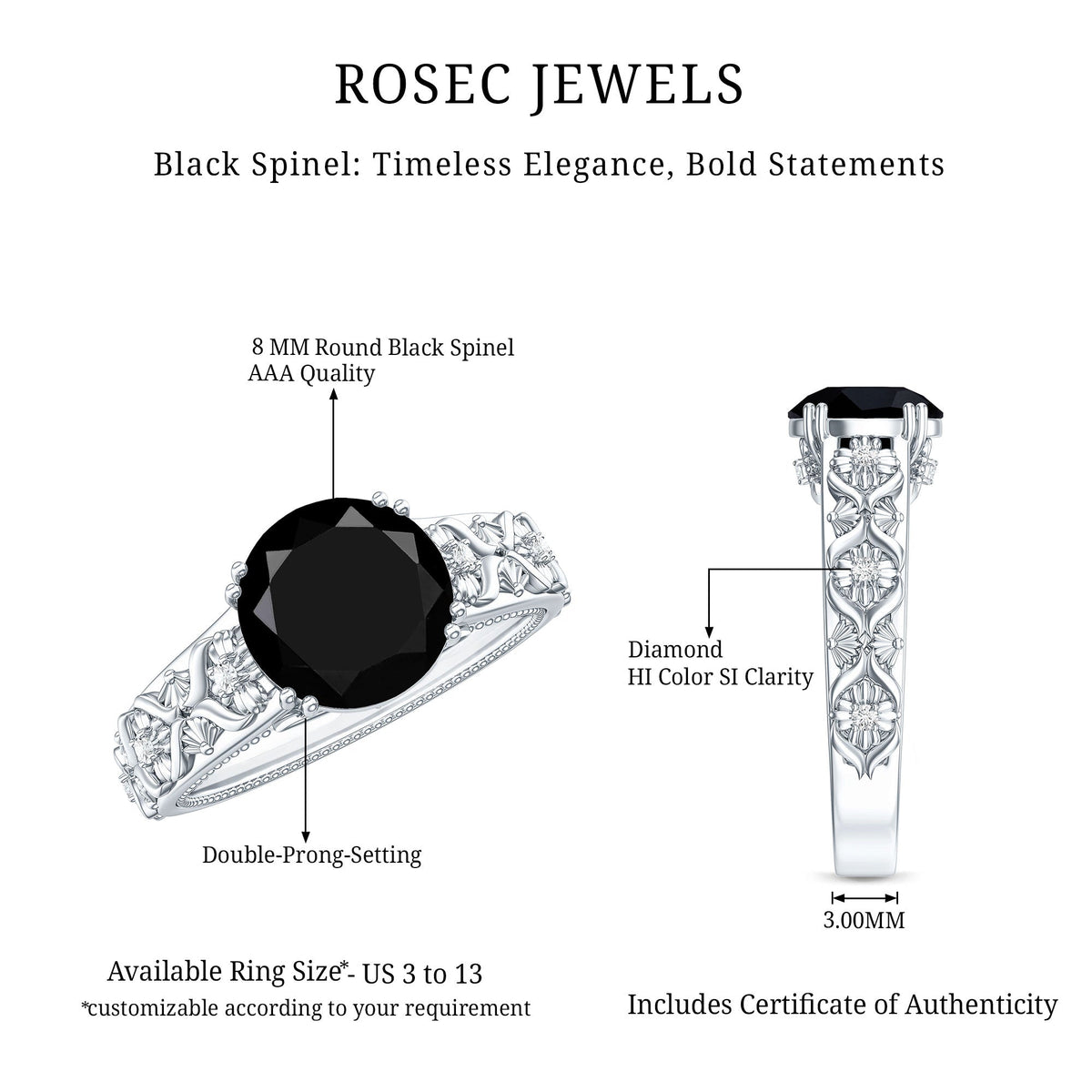 Nature Inspired Black Spinel Solitaire Engagement Ring with Diamond