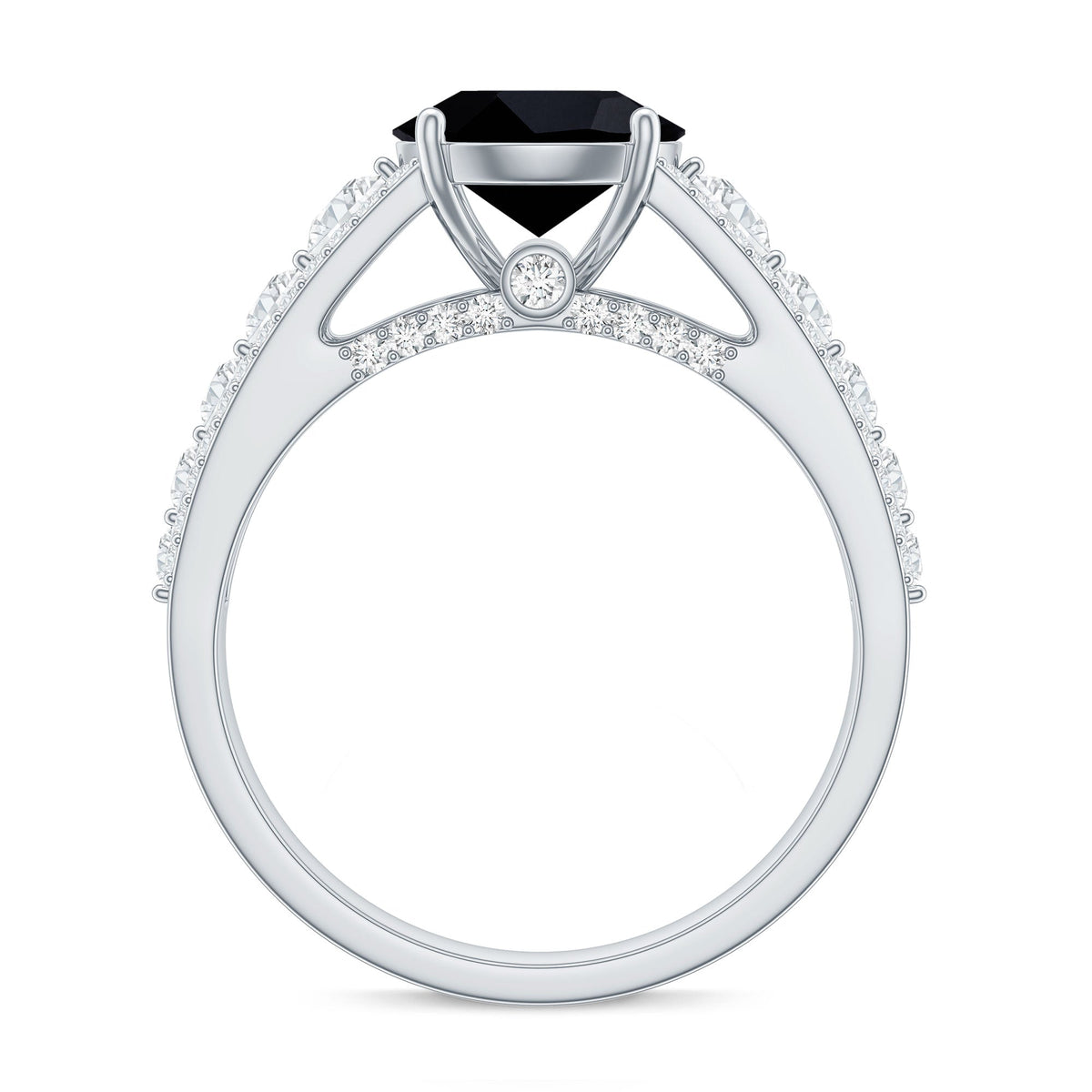 Real 2.6 Carat Black Spinel Engagement Ring with Moissanite Side Stones