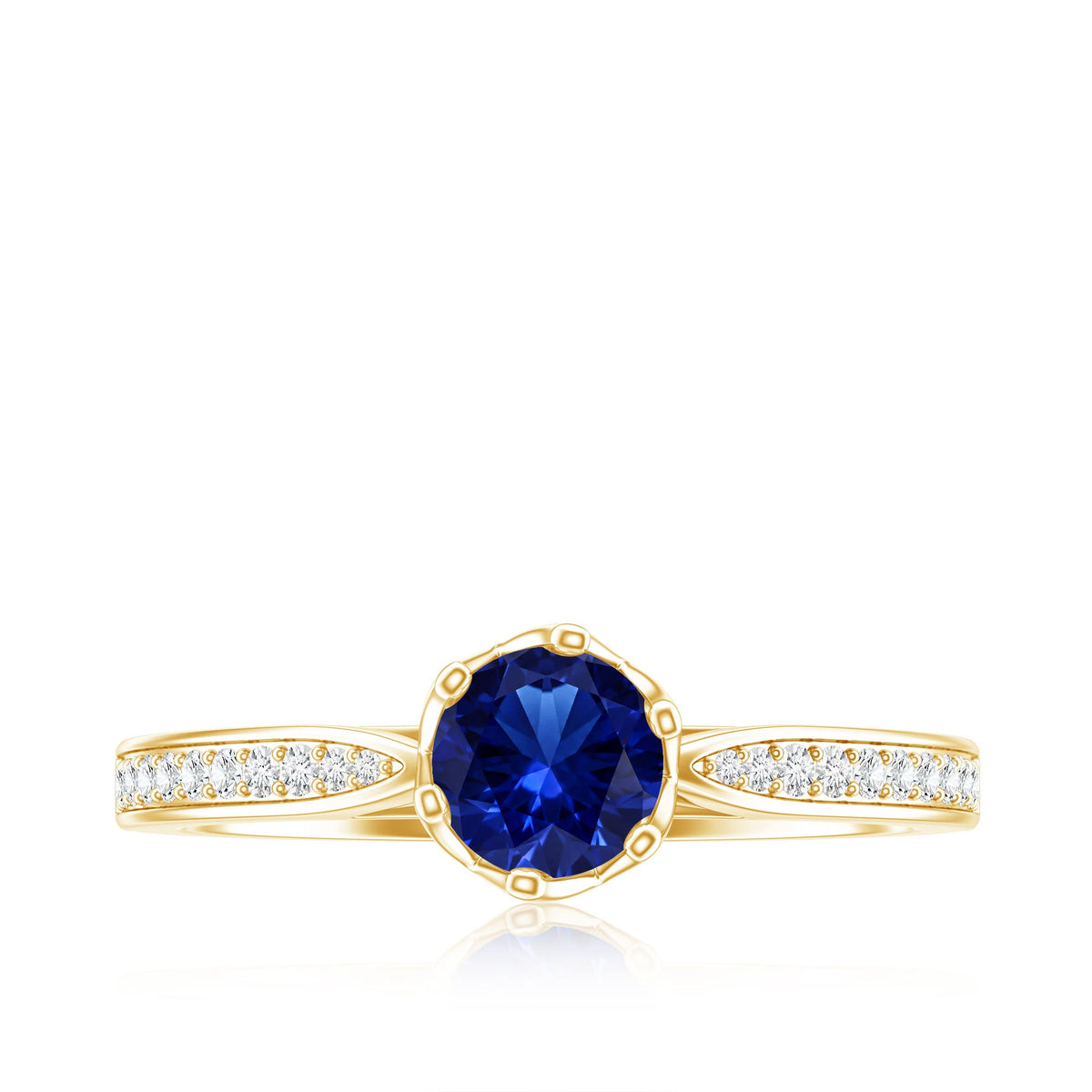 Certified Lab Created Blue Sapphire Minimal Engagement Ring with Diamond Side Stones