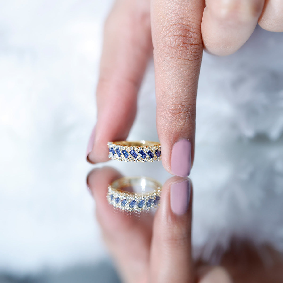 Certified Baguette Lab Grown Blue Sapphire Half Eternity Band with Diamond