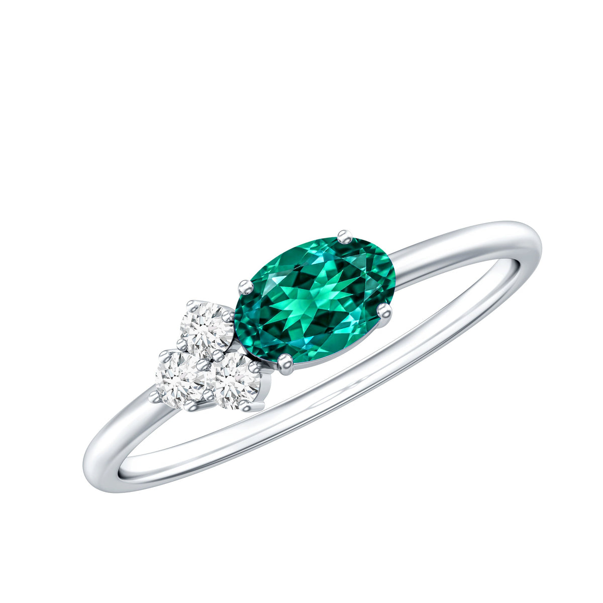 East West Style Oval Lab Grown Emerald Promise Ring with Diamond Trio