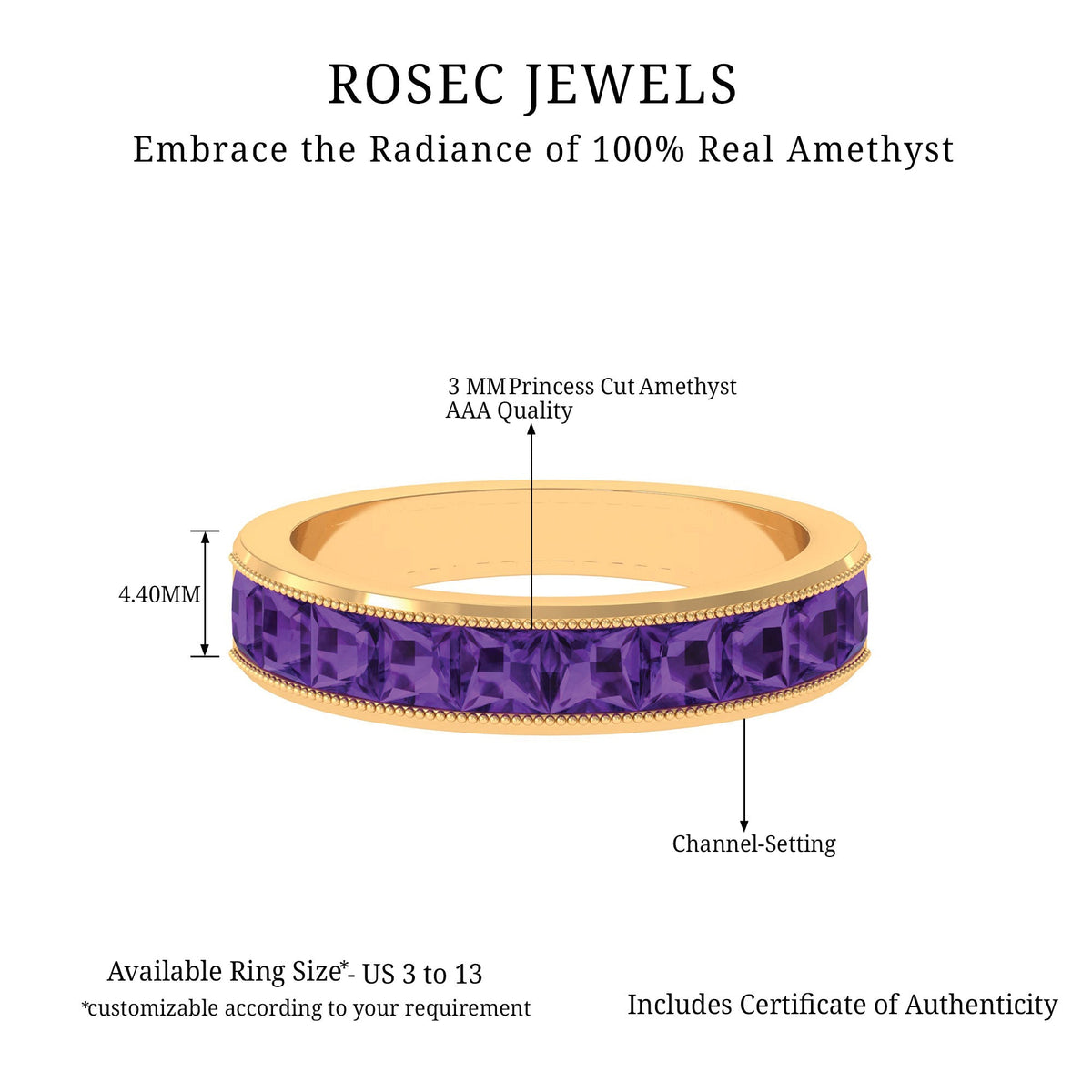 Natural Princess Cut Amethyst Half Eternity Ring for Women