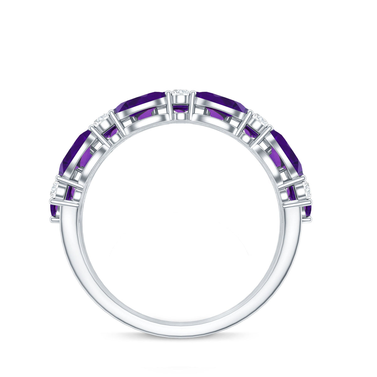 Certified Amethyst and Moissanite Three Row Wedding Band