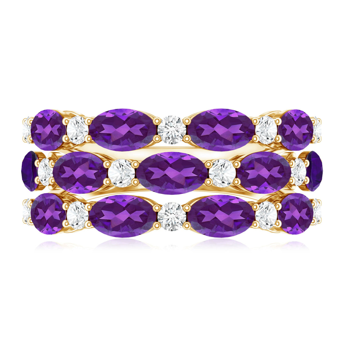 Certified Amethyst and Moissanite Three Row Wedding Band