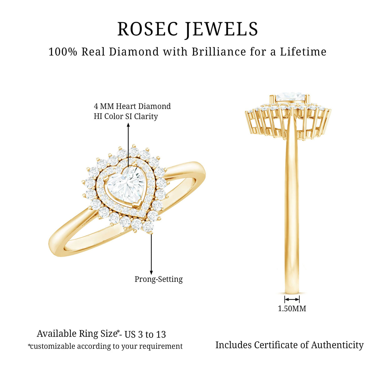 Certified Real 0.27 Carat Diamond Heart Engagement Ring with Double Halo