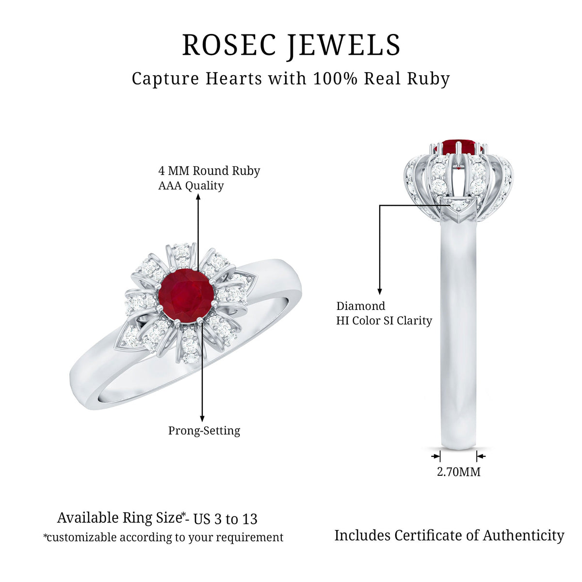 Natural Ruby Flower Engagement Ring with Diamond