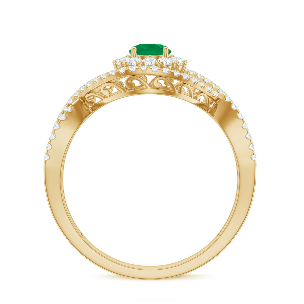 Natural Emerald Engagement Ring with Diamond Crossover Shank