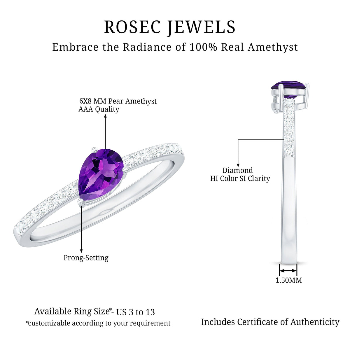 Natural 1 Carat Pear Shaped Amethyst Engagement Ring with Diamond