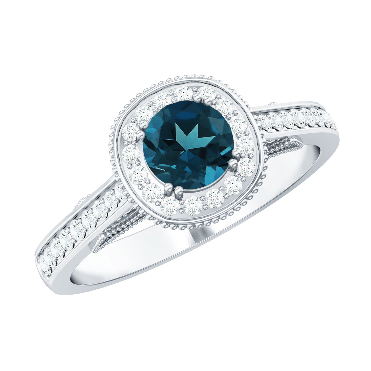 Vintage Looking London Blue Topaz Engagement Ring with Diamond Halo