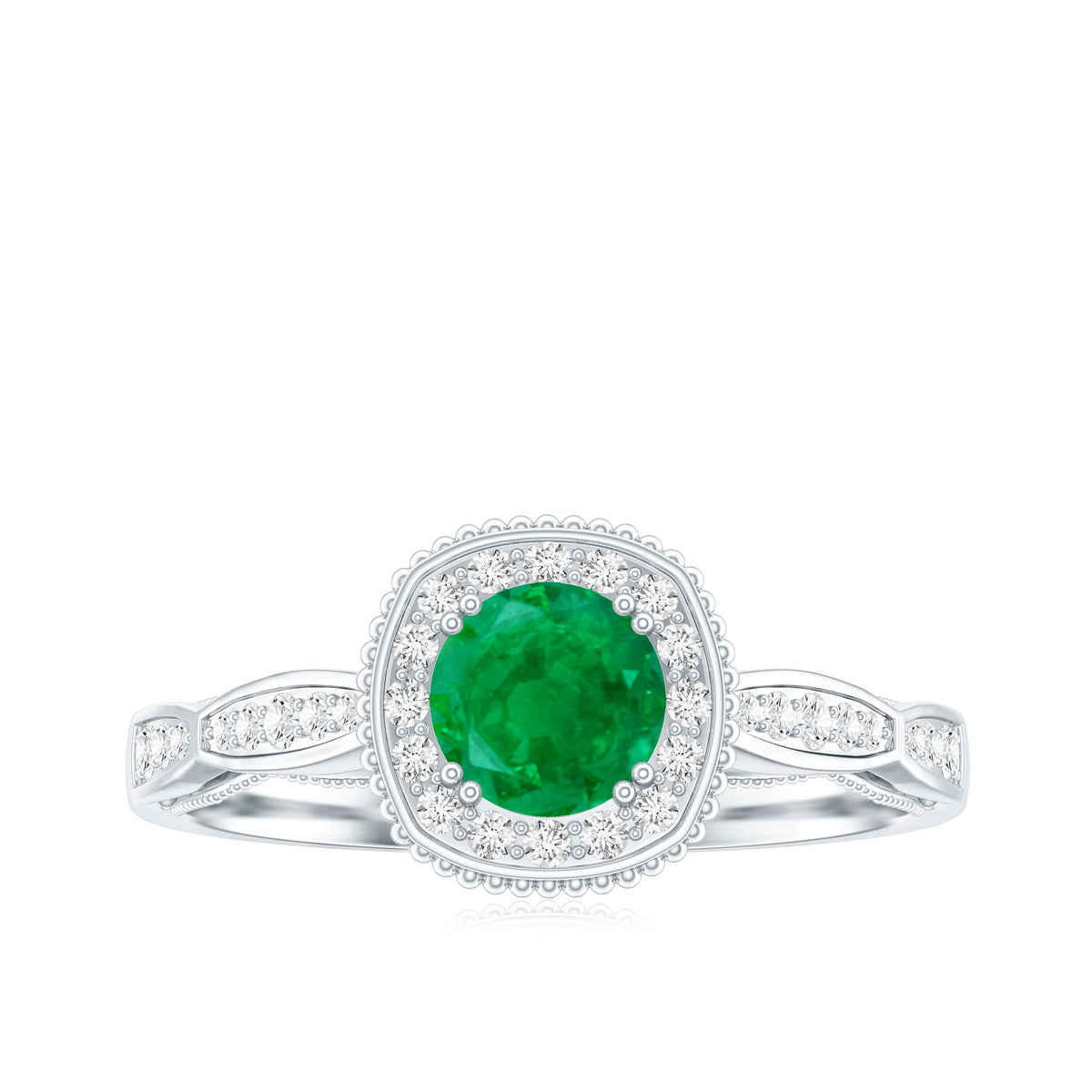 Emerald Vintage Looking Engagement Ring with Diamond Halo