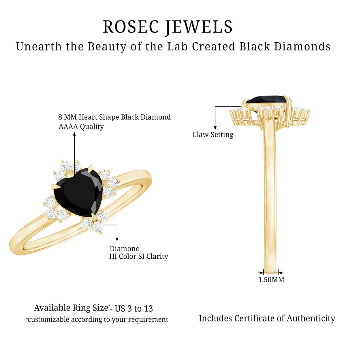 Certified 2.4 Carat Lab Grown Black Diamond Heart Engagement Ring with White Diamond