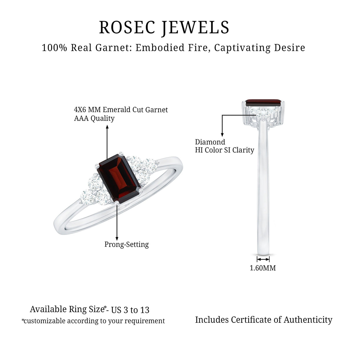 Certified Natural Garnet Emerald Cut Engagement Ring With Diamond Trio