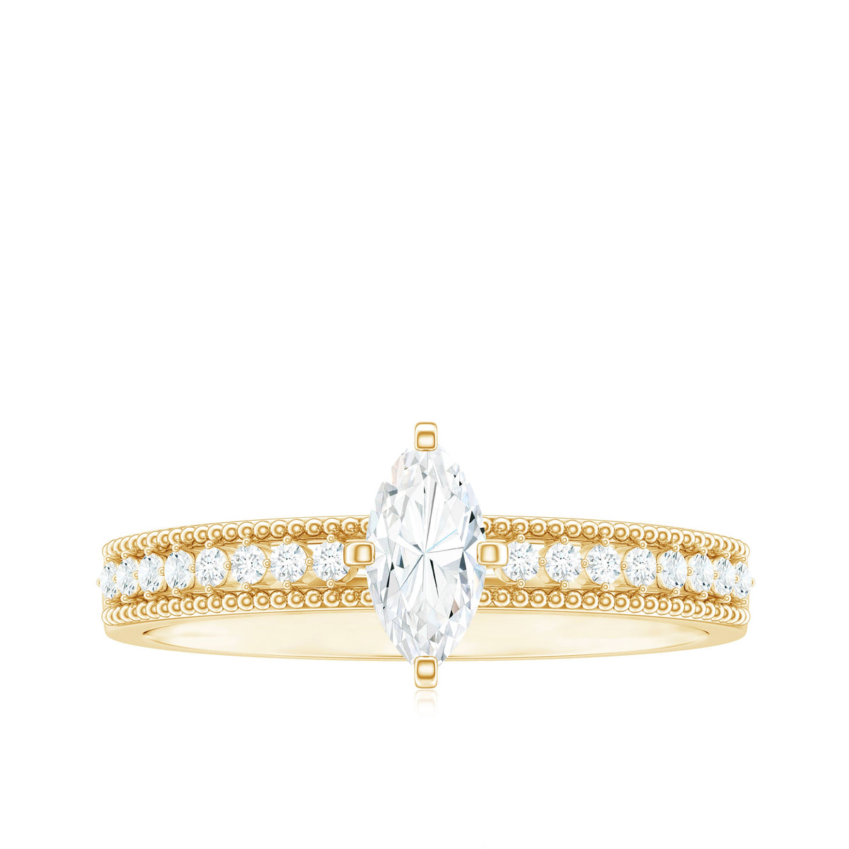 Certified Marquise Cut Moissanite Vintage Solitaire Ring with Side Stones