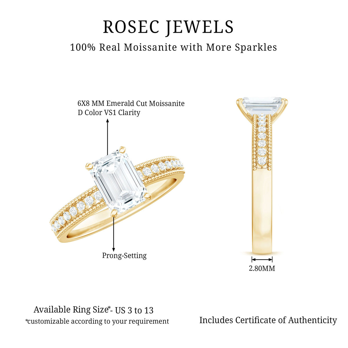 1.8 Carat Emerald Cut Moissanite Solitaire Engagement Ring with Beaded Details