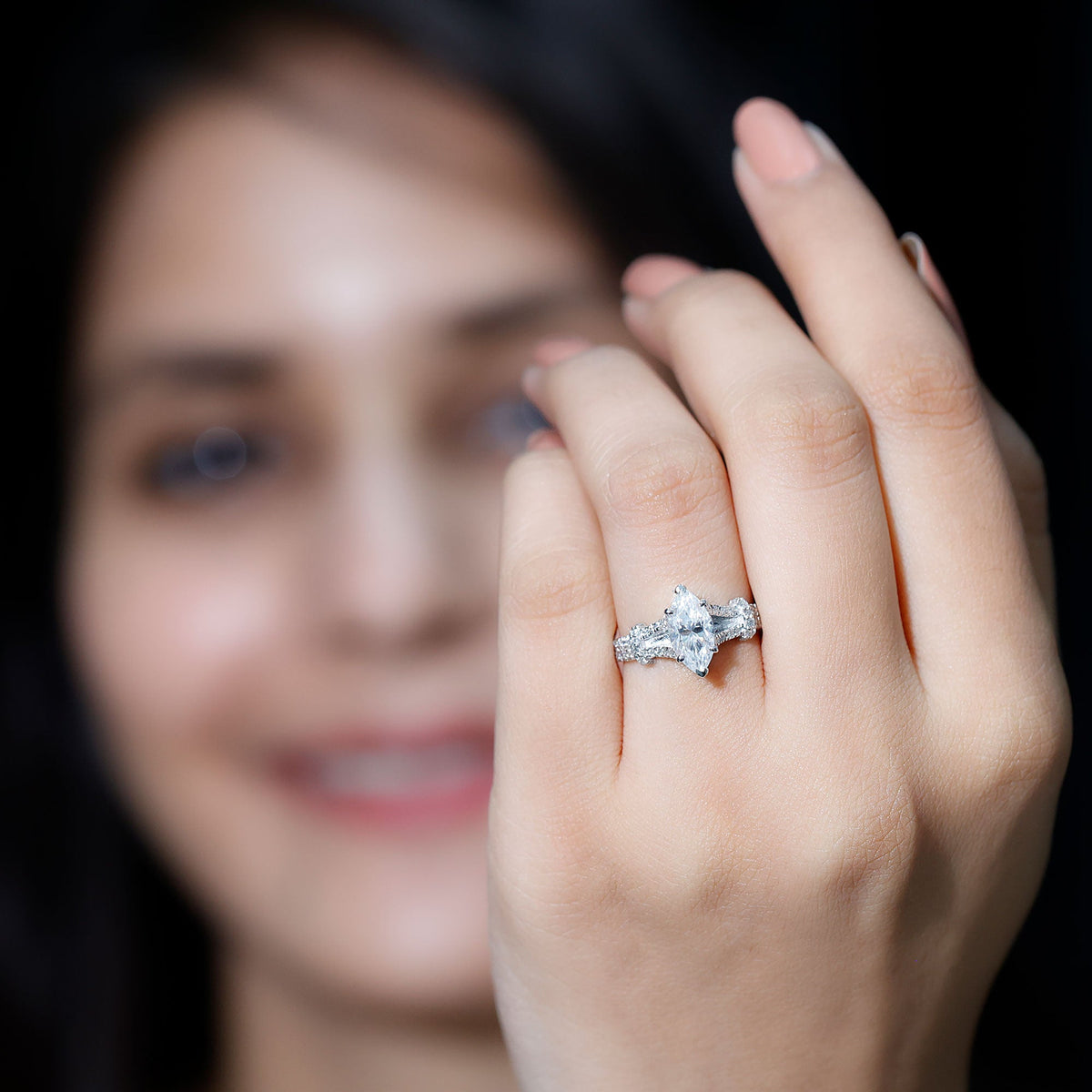 Marquise Cut Moissanite Solitaire Engagement Ring in Split Shank