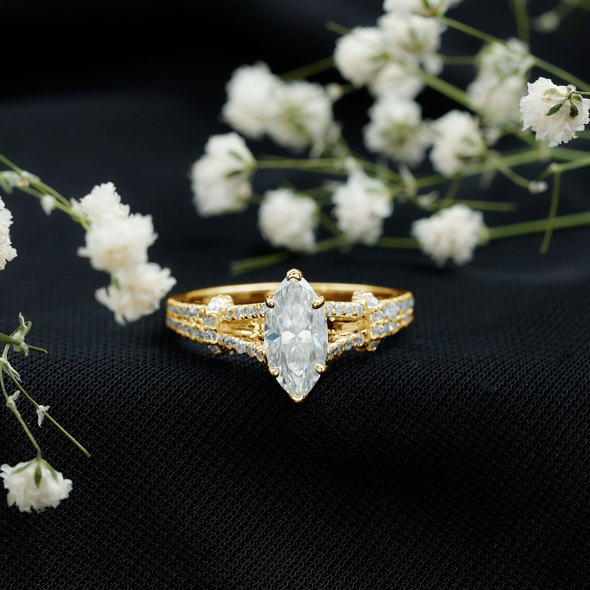 Certified 1 Carat Moissanite Marquise Engagement Ring with Split Shank