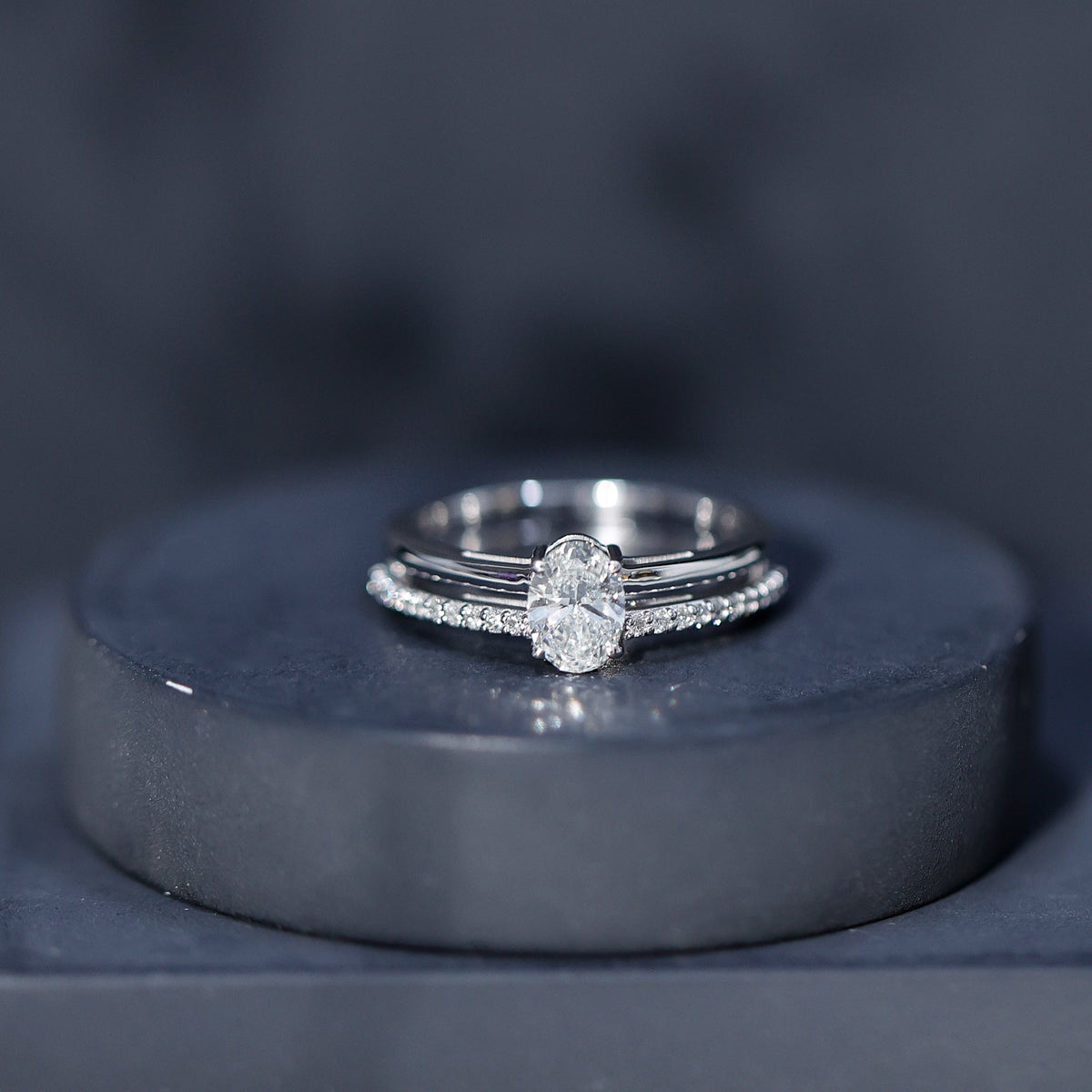 Oval Cut Solitaire Moissanite Double Band Engagement Ring