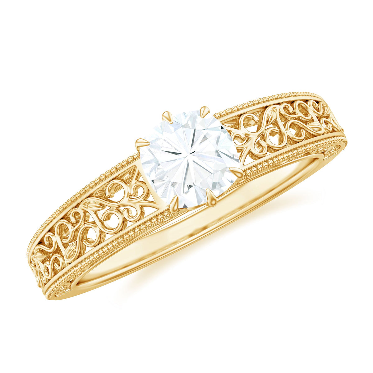 Cushion Cut Solitaire Moissanite Engagement Ring with Filigree Detail