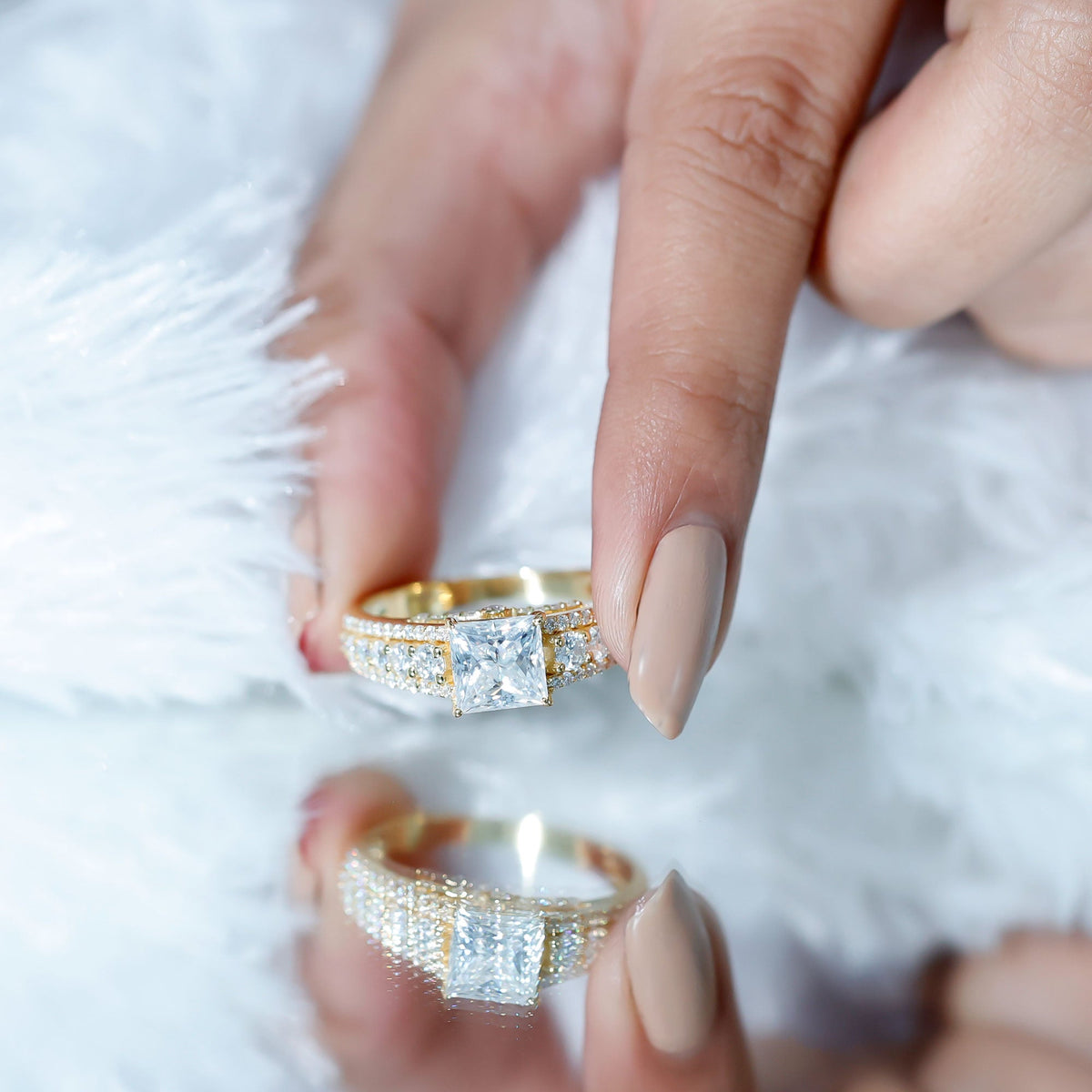 Princess Cut Moissanite Engagement Ring with Side Stones