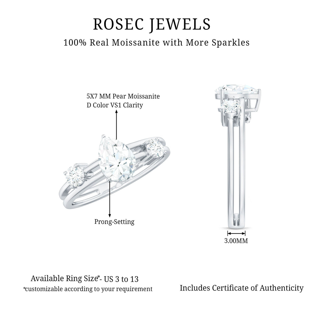 Pear Cut Moissanite Engagement Ring with Double Band