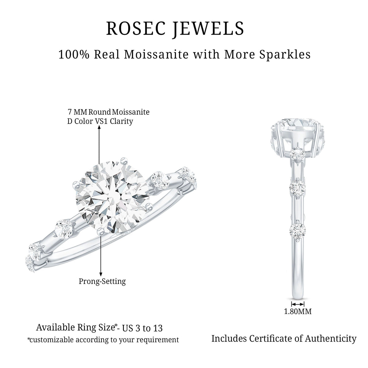 Certified Round Shape Moissanite Solitaire Engagement Ring