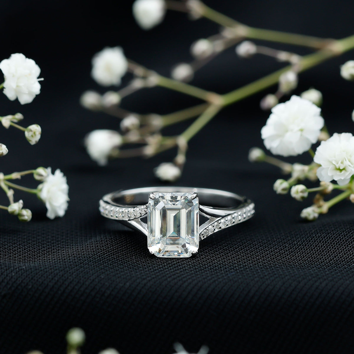 Emerald Cut Moissanite Solitaire Engagement Ring with Split Shank