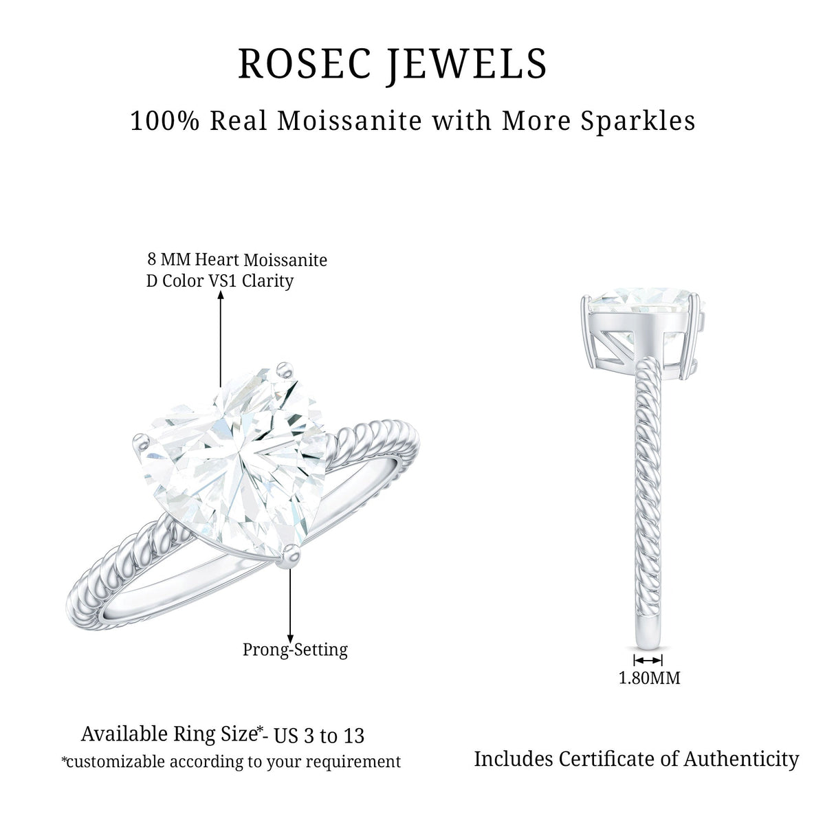 2 Carat Moissanite Engagement Ring with Twisted Rope Shank