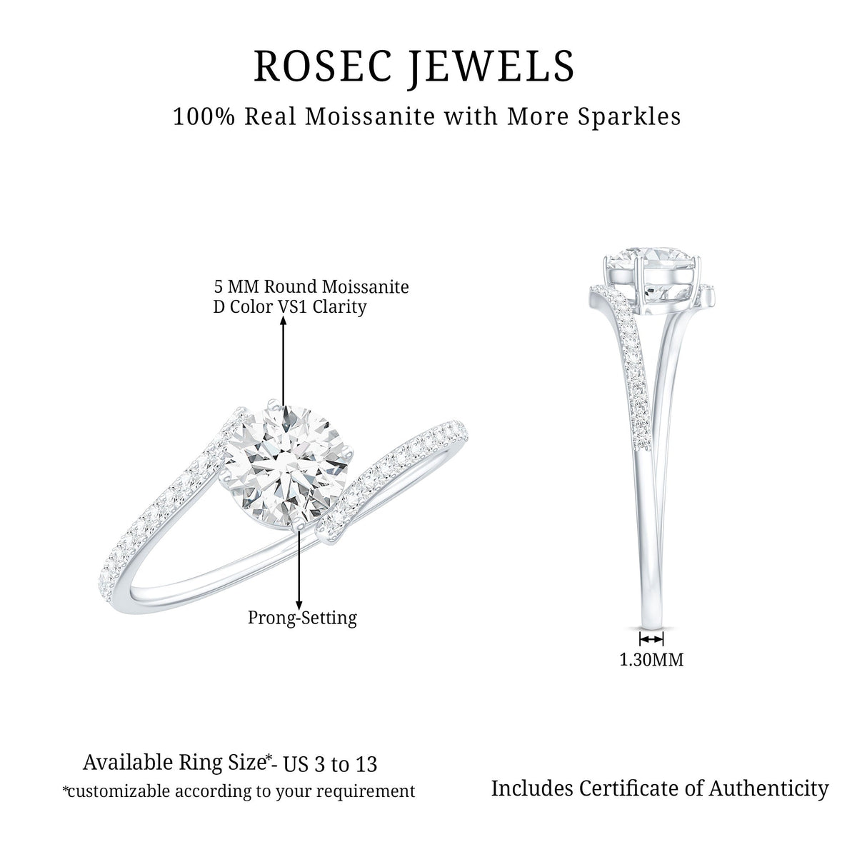 Certified Brilliant Cut Moissanite Solitaire Promise Ring with Bypass Shank