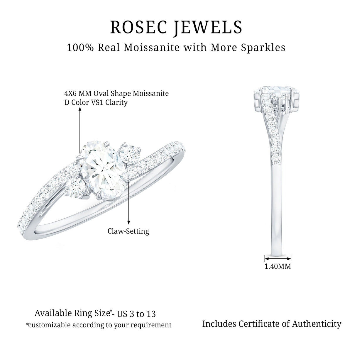 Oval Moissanite Bypass Engagement Ring with Side Stones