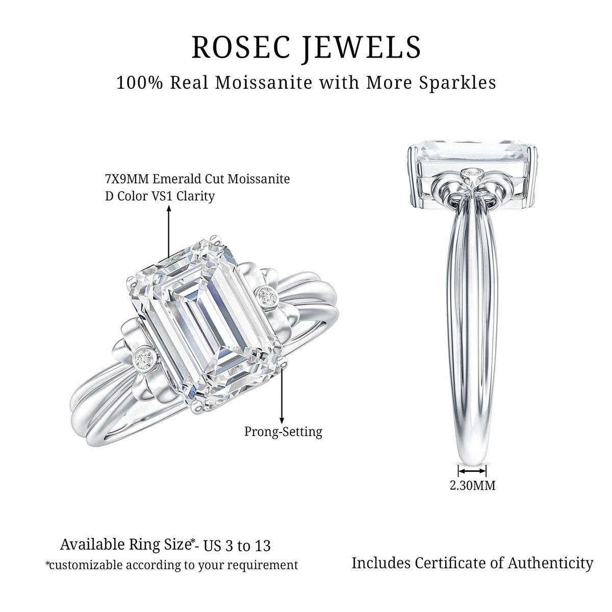 Certified Emerald Cut Moissanite Huge Engagement Ring