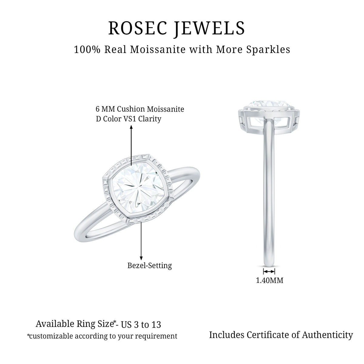 1.7 Carat Cushion Cut Moissanite Solitaire Ring in Bezel Setting
