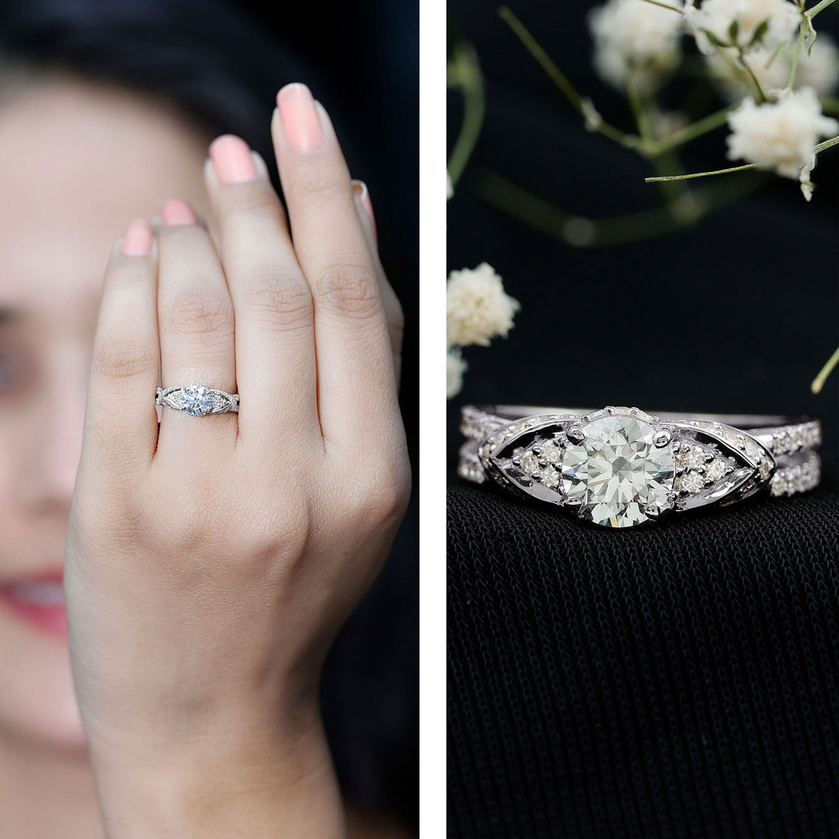Lab Grown Diamond Round Engagement Ring With Side Stone