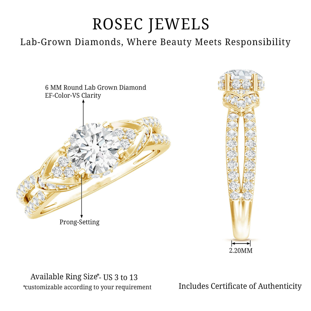 Lab Grown Diamond Round Engagement Ring With Side Stone