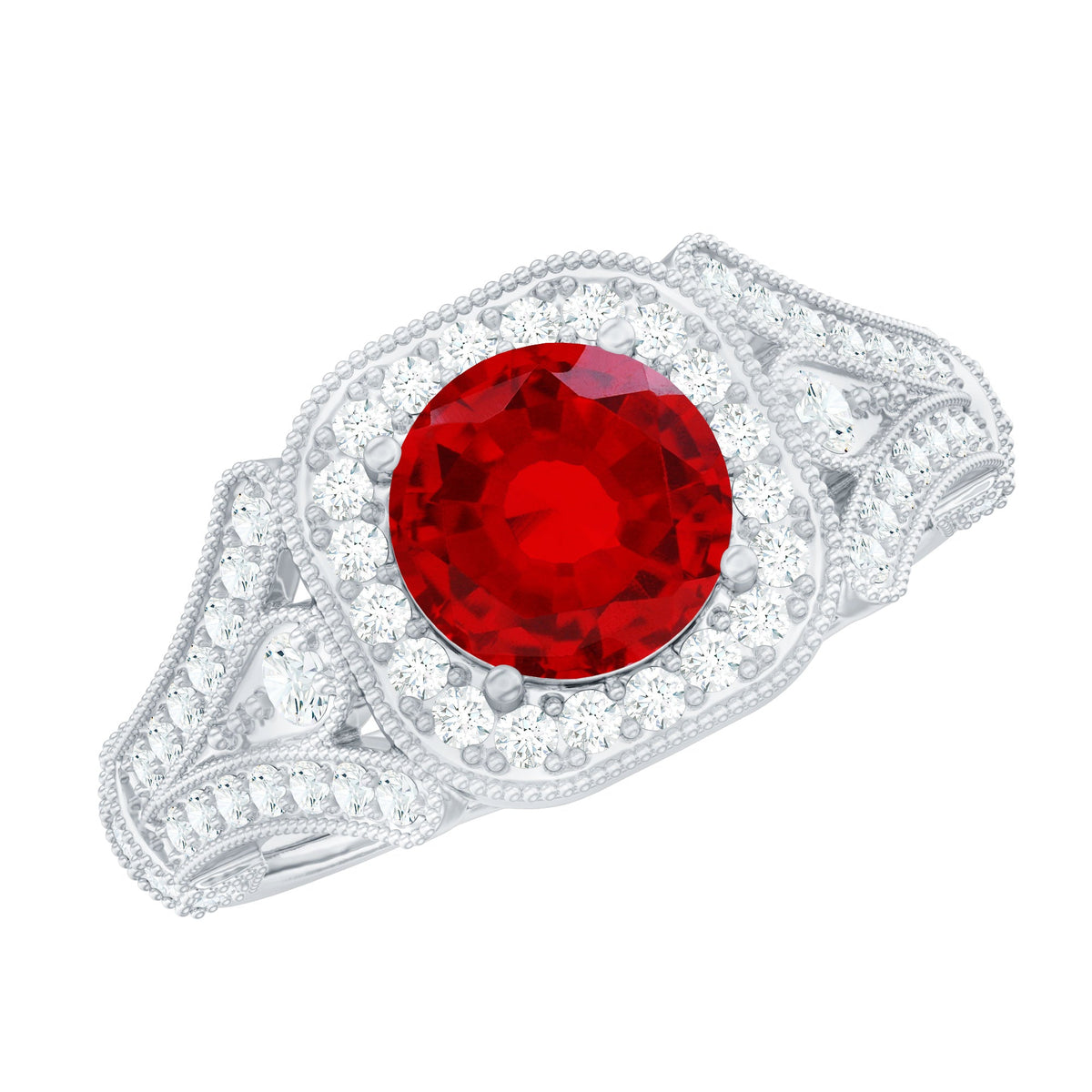 Antique Looking Lab Grown Ruby Engagement Ring with Diamond Halo