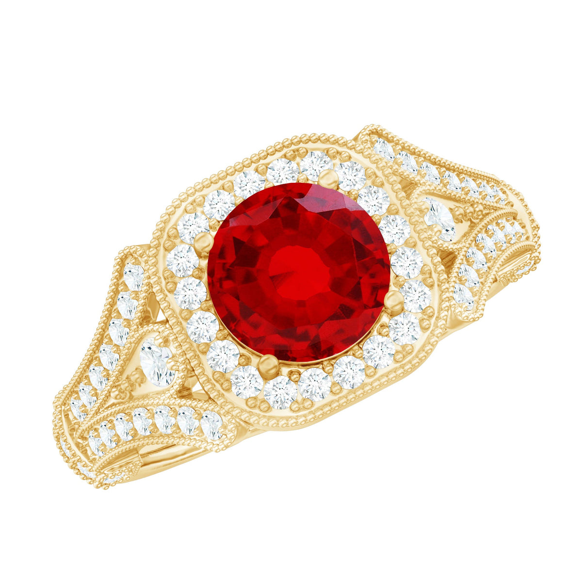 Antique Looking Lab Grown Ruby Engagement Ring with Diamond Halo