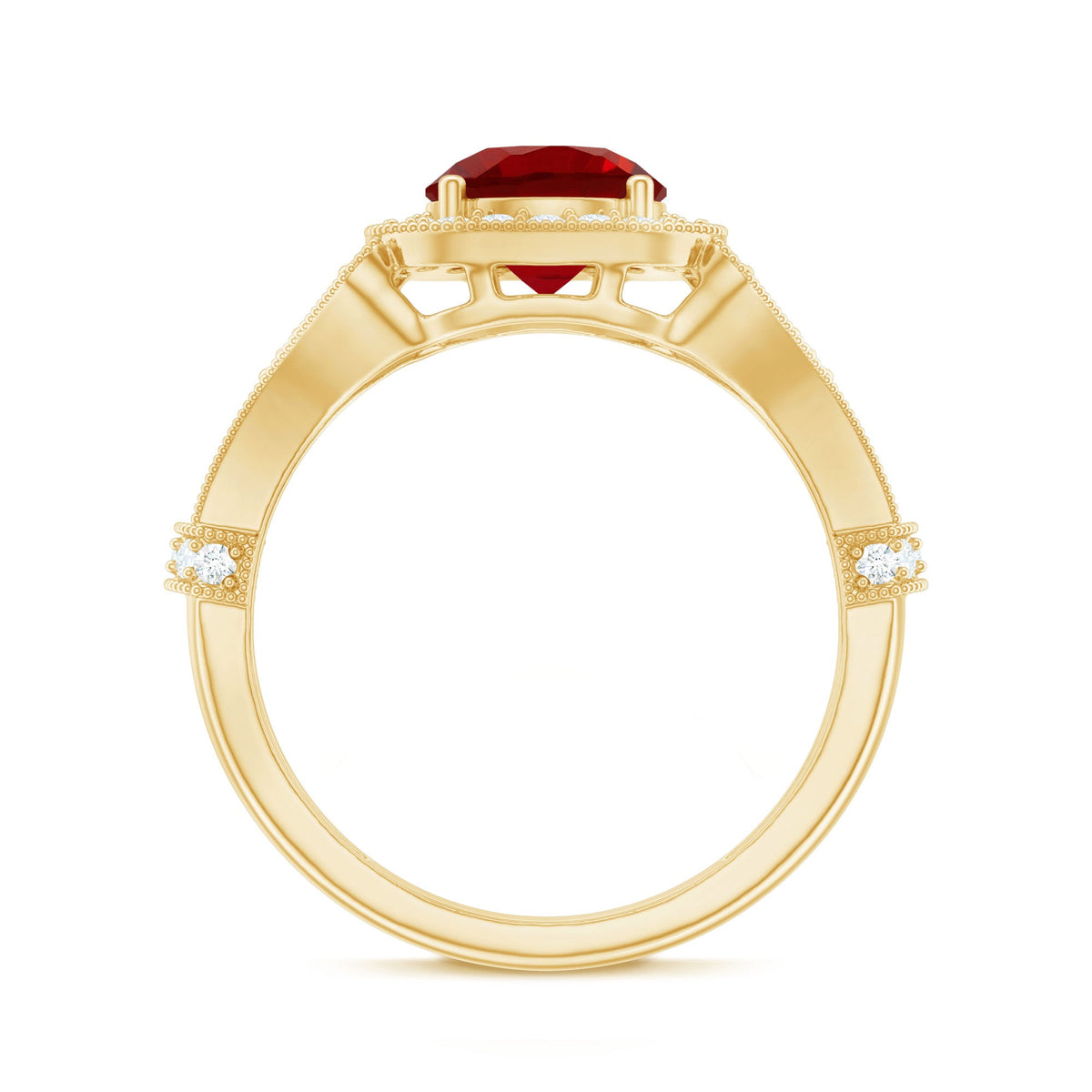 Antique Looking Lab Grown Ruby Engagement Ring with Diamond Halo