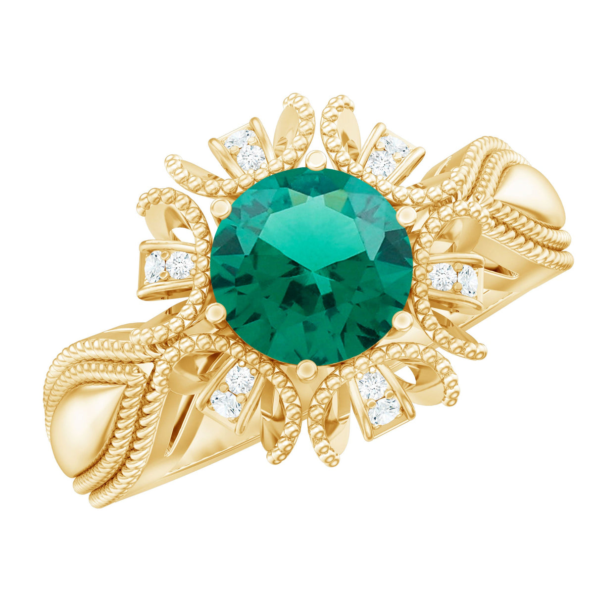 Lab Grown Emerald Vintage Style Flower Engagement Ring With Diamond
