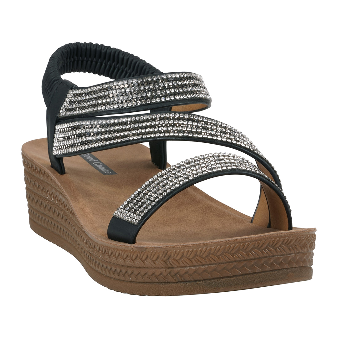 Women's Ruby Black Embellished Cross Strap Wedge Sandals