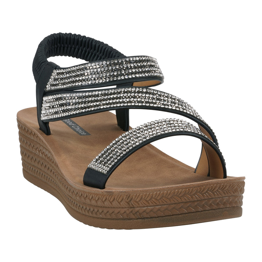 Women's Ruby Black Embellished Cross Strap Wedge Sandals