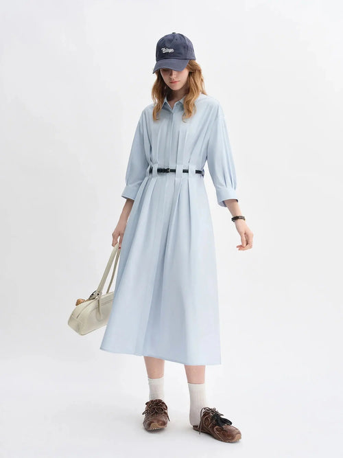 Autumn Vertical Stripe Pleated Shirt Dress with Belt