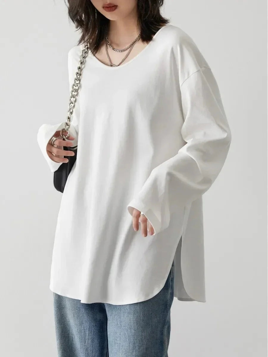 Loose U-Neck Long Sleeve Tee Casual Split Hem Top