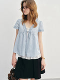 Ruffled Striped Blue Shirt Fake Two-Piece Top