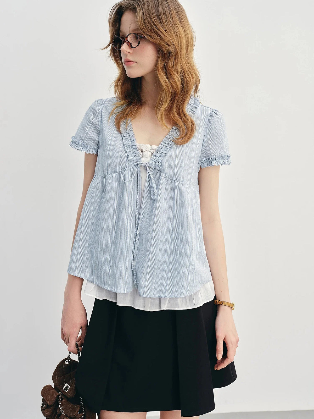 Ruffled Striped Blue Shirt Fake Two-Piece Top