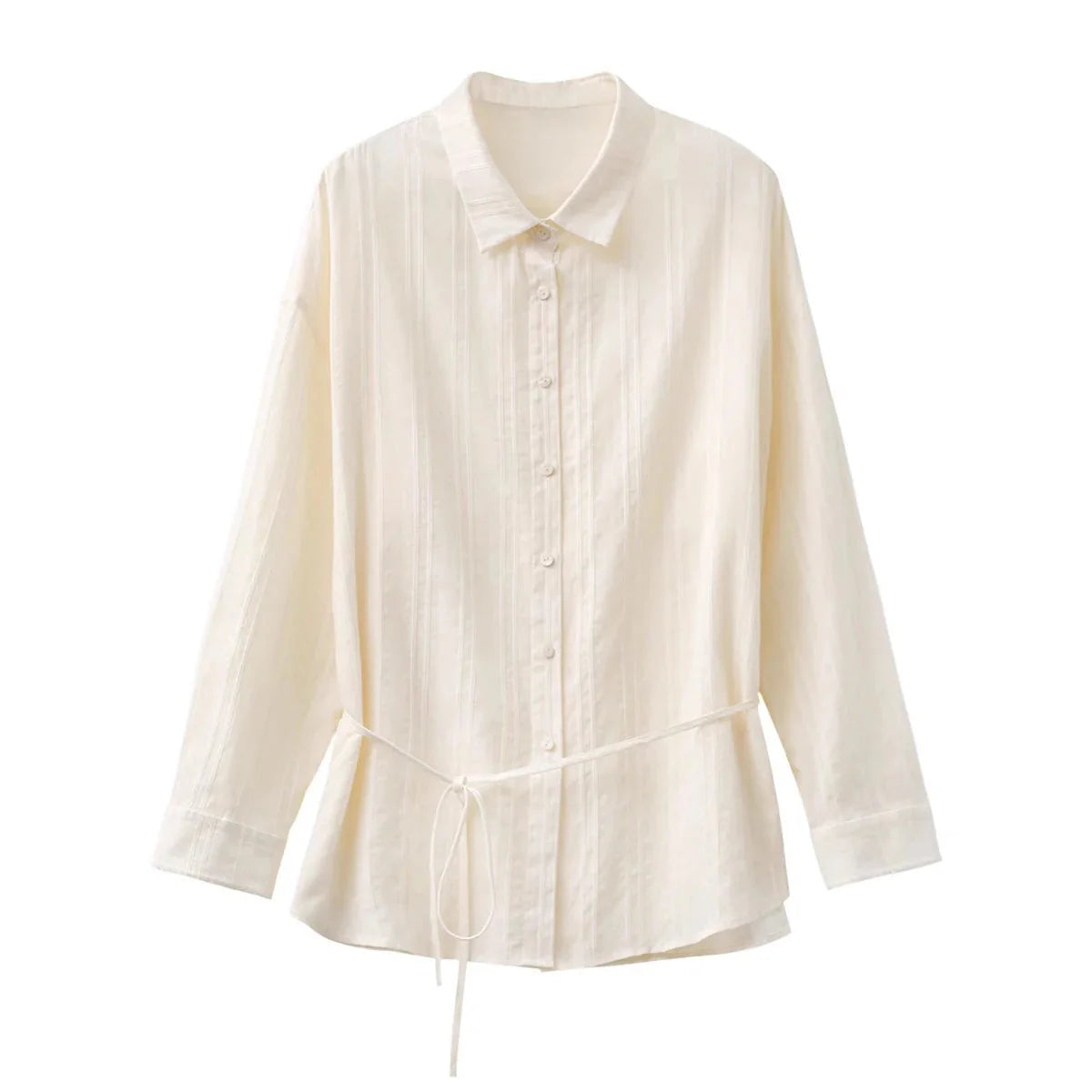 Textured Striped Waist Shirt Long Sleeve Summer Blouse